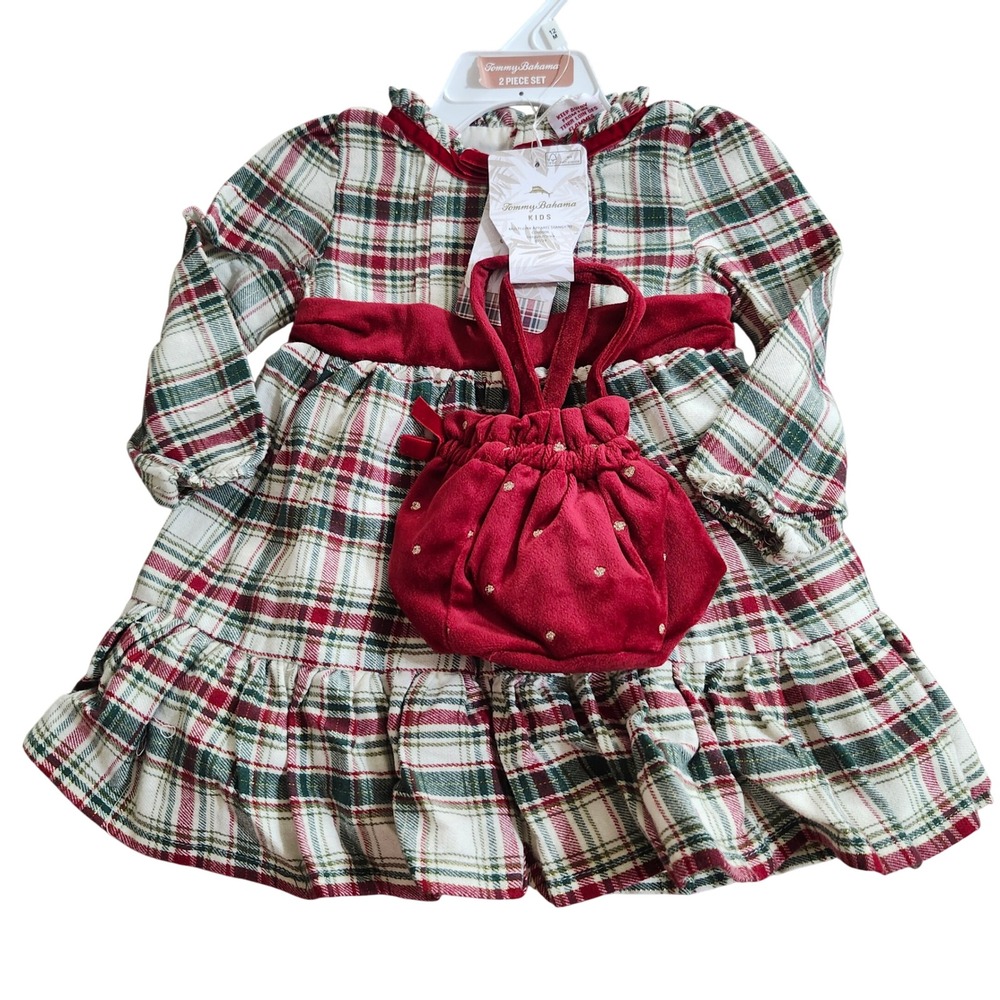NEW Tommy Bahama 12M Kids Plaid Holiday Dress Velvet Bow and Purse Set